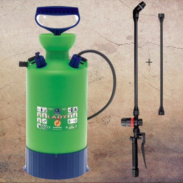 Vállra akasztható permetező, Dimartino GDM LADY 7, 6 liter, zöld, nyomásjelzős, teleszkópos nyelű, állítható fúvókás
