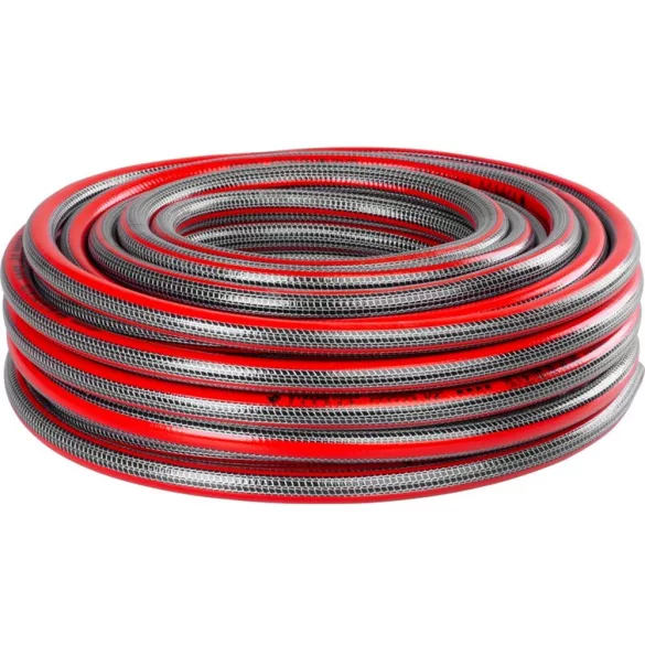 Kerti locsolótömlő, Strend Pro Garden Silver Pro, piros/ezüst, 1/2",  25 m, 35 bar, csavarodásgátló, 5 rétegű PVC, -5°C és +65°C között hőálló