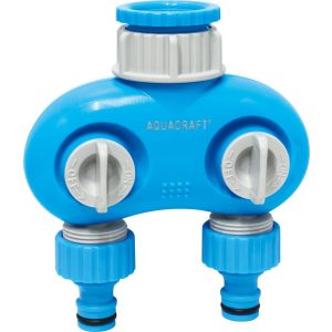 Kerti tömlőelosztó, Aquacraft 550259, kék, műanyag, 2 utas, különálló szelepekkel, kerti locsoláshoz és öntözőrendszerhez, 1 bemenet - 2 kimenet