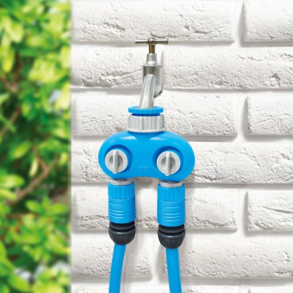 Kerti tömlőelosztó, Aquacraft 550259, kék, műanyag, 2 utas, különálló szelepekkel, kerti locsoláshoz és öntözőrendszerhez, 1 bemenet - 2 kimenet