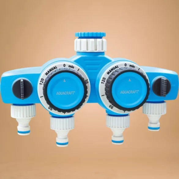 Mechanikus locsolóidőzítő, Aquacraft 290040, kék/fehér, mechanikus, 4 kimenet, 15-120 perc időzítés, 3/4" és 1" menethez