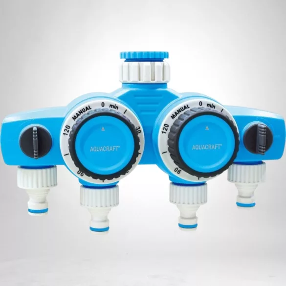 Mechanikus locsolóidőzítő, Aquacraft 290040, kék/fehér, mechanikus, 4 kimenet, 15-120 perc időzítés, 3/4" és 1" menethez