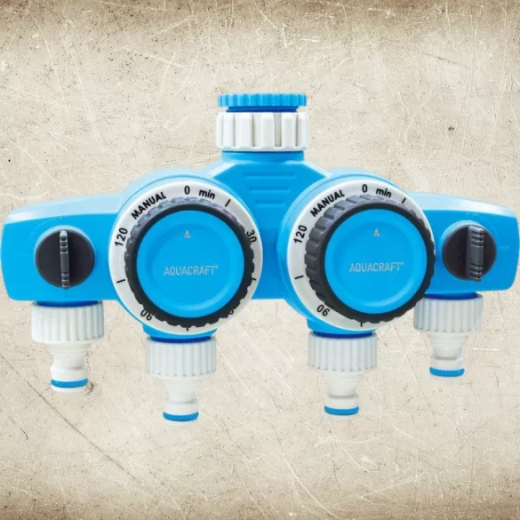 Mechanikus locsolóidőzítő, Aquacraft 290040, kék/fehér, mechanikus, 4 kimenet, 15-120 perc időzítés, 3/4" és 1" menethez