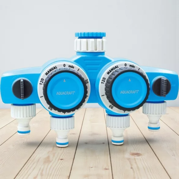 Mechanikus locsolóidőzítő, Aquacraft 290040, kék/fehér, mechanikus, 4 kimenet, 15-120 perc időzítés, 3/4" és 1" menethez