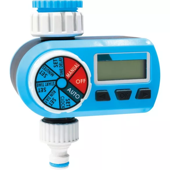 Digitális locsolóidőzítő, Aquacraft 290140, kék/fehér, digitális, LCD kijelző, 1 kimenet, napi 1-2 öntözés, 1" és 3/4" menethez, elemes (2 db AA  - nem tartozék)