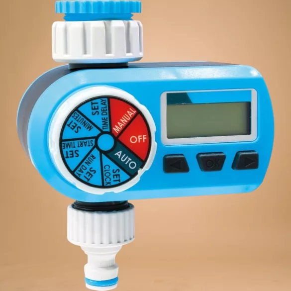 Digitális locsolóidőzítő, Aquacraft 290140, kék/fehér, digitális, LCD kijelző, 1 kimenet, napi 1-2 öntözés, 1" és 3/4" menethez, elemes (2 db AA  - nem tartozék)