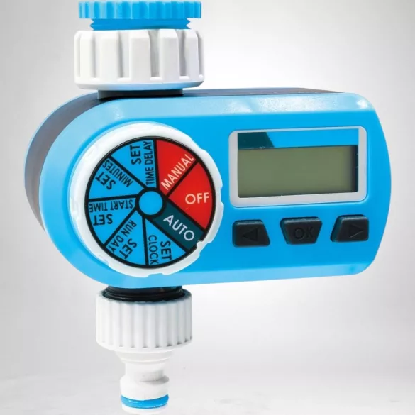 Digitális locsolóidőzítő, Aquacraft 290140, kék/fehér, digitális, LCD kijelző, 1 kimenet, napi 1-2 öntözés, 1" és 3/4" menethez, elemes (2 db AA  - nem tartozék)