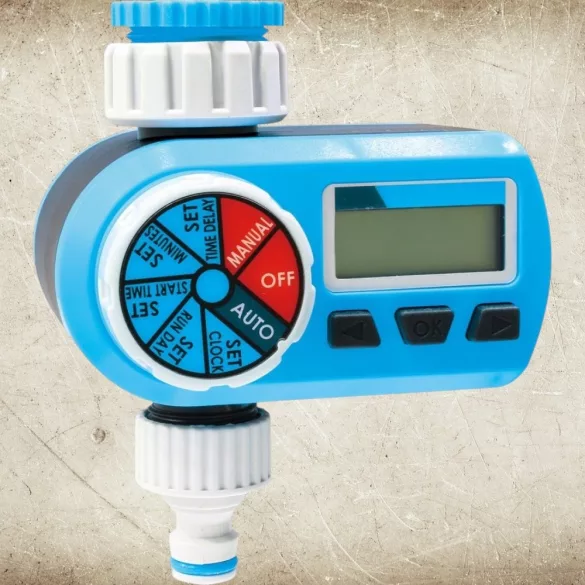 Digitális locsolóidőzítő, Aquacraft 290140, kék/fehér, digitális, LCD kijelző, 1 kimenet, napi 1-2 öntözés, 1" és 3/4" menethez, elemes (2 db AA  - nem tartozék)