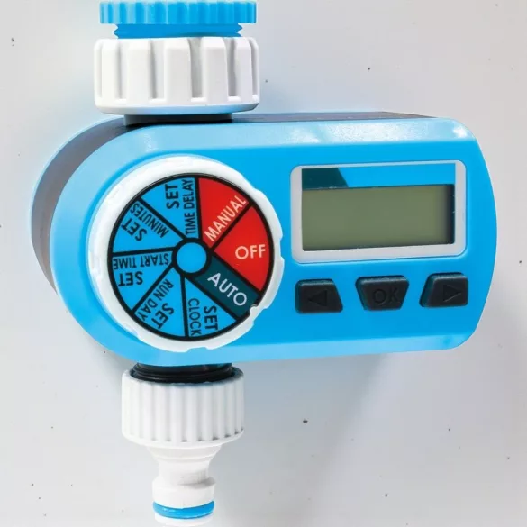 Digitális locsolóidőzítő, Aquacraft 290140, kék/fehér, digitális, LCD kijelző, 1 kimenet, napi 1-2 öntözés, 1" és 3/4" menethez, elemes (2 db AA  - nem tartozék)