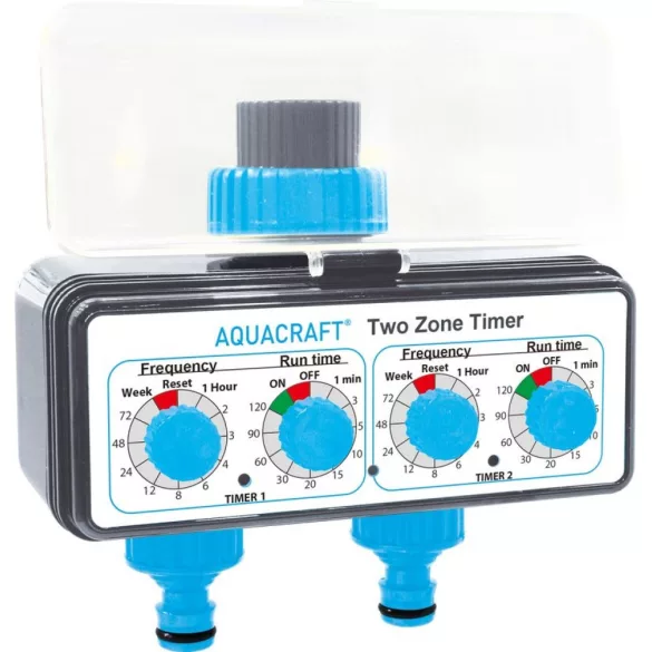 Mechanikus locsolóidőzítő, Aquacraft 290160, fekete/kék, mechanikus, 2 kimenet, napi 24 öntözés, 1-120 perc időzítés, 3/4" menethez, elemes (2 db AA - nem tartozék)