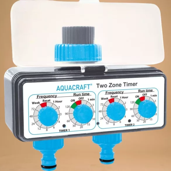 Mechanikus locsolóidőzítő, Aquacraft 290160, fekete/kék, mechanikus, 2 kimenet, napi 24 öntözés, 1-120 perc időzítés, 3/4" menethez, elemes (2 db AA - nem tartozék)