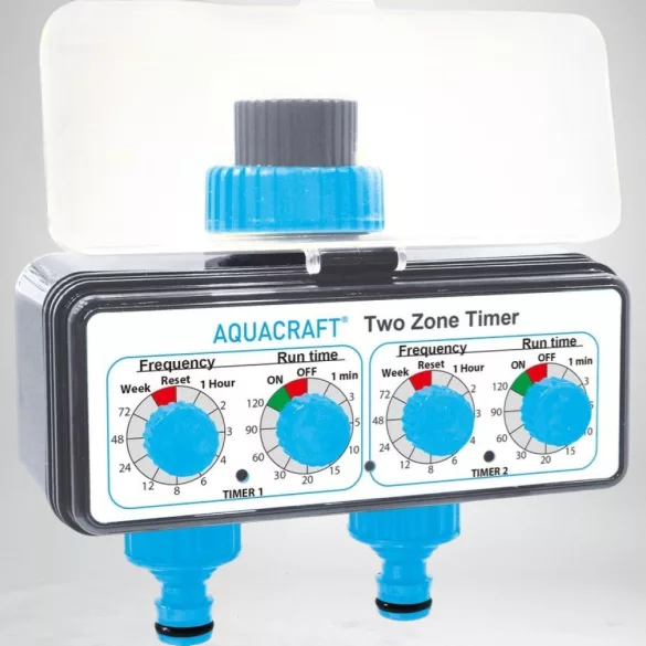Mechanikus locsolóidőzítő, Aquacraft 290160, fekete/kék, mechanikus, 2 kimenet, napi 24 öntözés, 1-120 perc időzítés, 3/4" menethez, elemes (2 db AA - nem tartozék)