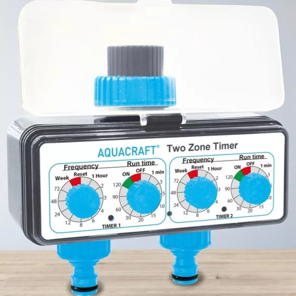 Mechanikus locsolóidőzítő, Aquacraft 290160, fekete/kék, mechanikus, 2 kimenet, napi 24 öntözés, 1-120 perc időzítés, 3/4" menethez, elemes (2 db AA - nem tartozék)
