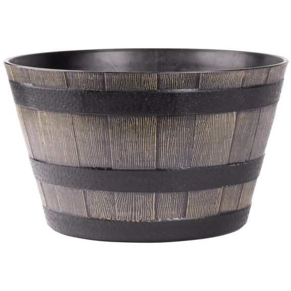 Műanyag virágcserép, Strend Pro Garden Woodeff, barna, átmérő: 39 cm, magasság: 23 cm, hordó formájú, 18,5 l, fahatású, kerek