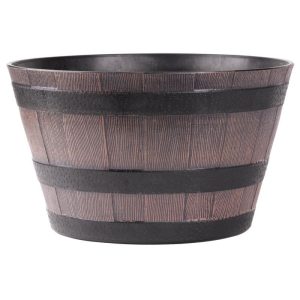 Műanyag virágcserép, Strend Pro Garden Woodeff, sötétbarna, átmérő: 39 cm, magasság: 23 cm, hordó formájú, 18,5 l, fahatású, kerek