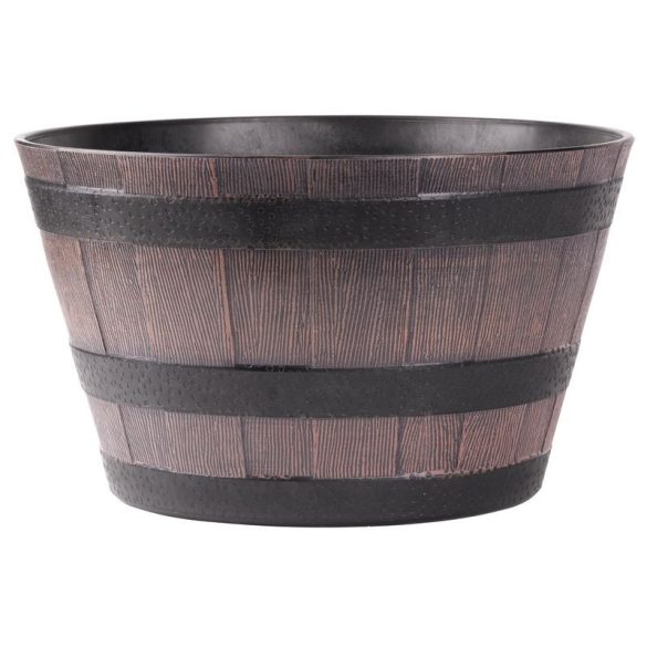 Műanyag virágcserép, Strend Pro Garden Woodeff, sötétbarna, átmérő: 39 cm, magasság: 23 cm, hordó formájú, 18,5 l, fahatású, kerek