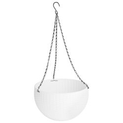   Függő virágcserép, Strend Pro Garden Modern, fehér, átmérő: 26 cm, magasság: 16 cm, lánccal és akasztóval, rattan hatású, kerek