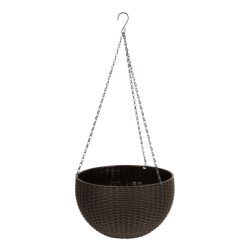   Függő virágcserép, Strend Pro Garden Modern, barna, átmérő: 26 cm, magasság: 16 cm, lánccal és akasztóval, rattan hatású, kerek