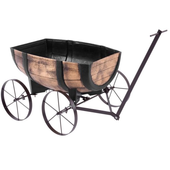 Műanyag virágláda kocsival, Strend Pro Garden Woodeff 817, világosbarna, 41,5 x 29 cm, magasság: 19 cm, hordó formájú, 11 l, fahatású, 4 kerék, húzókar