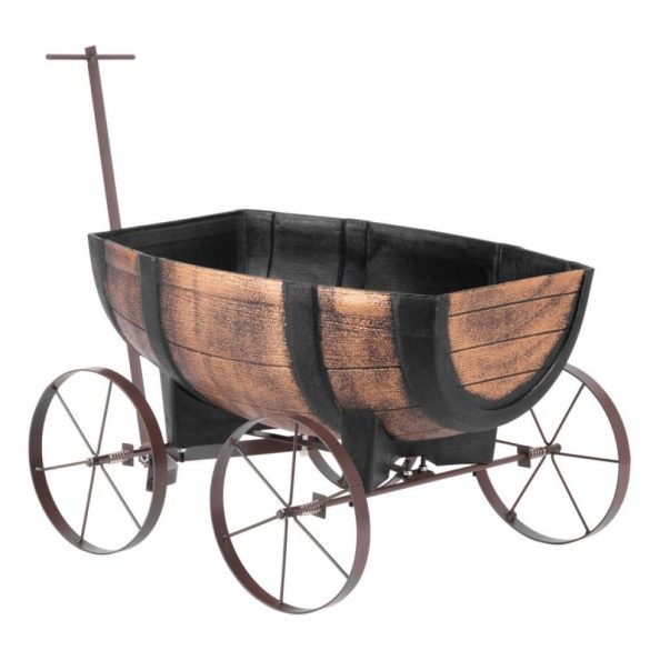 Műanyag virágláda kocsival, Strend Pro Garden Woodeff 817, világosbarna, 41,5 x 29 cm, magasság: 19 cm, hordó formájú, 11 l, fahatású, 4 kerék, húzókar