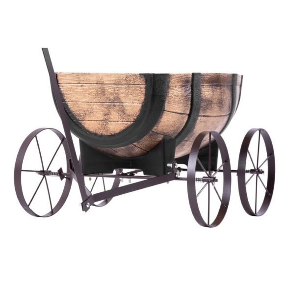 Műanyag virágláda kocsival, Strend Pro Garden Woodeff 817, világosbarna, 41,5 x 29 cm, magasság: 19 cm, hordó formájú, 11 l, fahatású, 4 kerék, húzókar