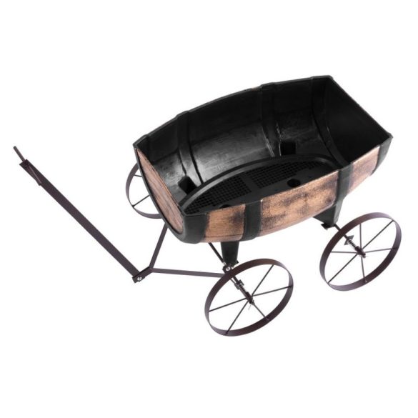 Műanyag virágláda kocsival, Strend Pro Garden Woodeff 817, világosbarna, 41,5 x 29 cm, magasság: 19 cm, hordó formájú, 11 l, fahatású, 4 kerék, húzókar