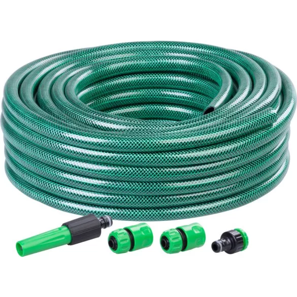 Kerti locsolótömlő, Strend Pro Garden Economic, zöld, 1/2”, 20 m, 12 bar, 1 adapter, 2 gyorscsatlakozó, 1 fúvóka, algaálló belső fal, háromrétegű PVC, -5°C és +50°C között hőálló