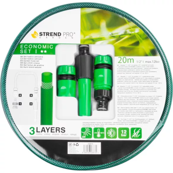 Kerti locsolótömlő, Strend Pro Garden Economic, zöld, 1/2”, 20 m, 12 bar, 1 adapter, 2 gyorscsatlakozó, 1 fúvóka, algaálló belső fal, háromrétegű PVC, -5°C és +50°C között hőálló