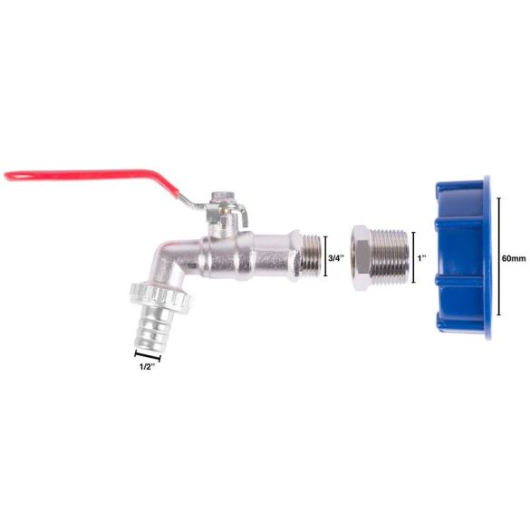 IBC tartály kifolyószelep, Strend Pro Garden, 60 mm kupak, 3/4" bordás csőcsonk, 1/2" kimenet
