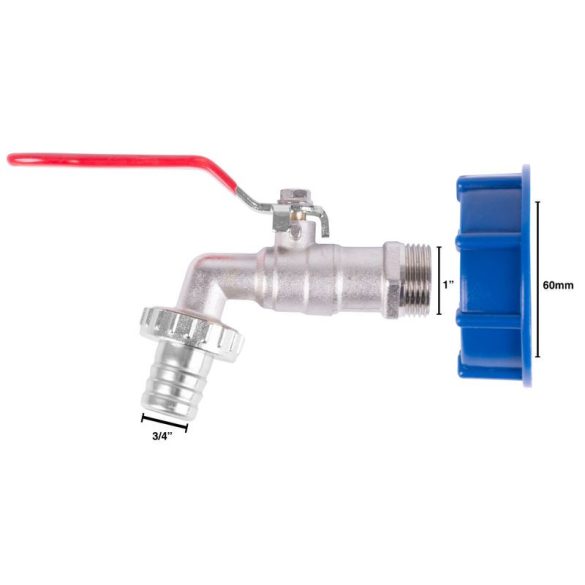 IBC tartály kifolyószelep, Strend Pro Garden, 60 mm kupak, 1" bordás csőcsonk, 3/4" kimenet