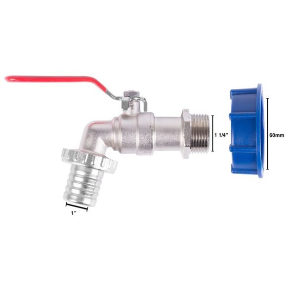 IBC tartály kifolyószelep, Strend Pro Garden, 60 mm kupak, 5/4" bordás csőcsonk, 1" kimenet