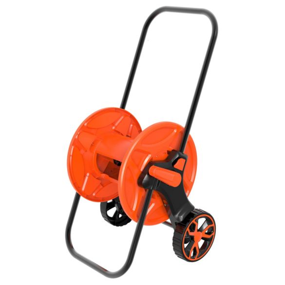 Kerti tömlőkocsi, Strend Pro Garden, fekete/narancssárga, maximum 45 m 1/2" kerti tömlőhöz, fém és műanyag, kézi hajtókar, kerekes, tömlő nélkül
