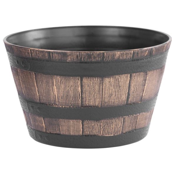 Műanyag virágcserép, Strend Pro Garden Woodeff, arany/barna, átmérő: 39 cm, magasság: 23 cm, hordó formájú, 18,5 l, fahatású, kerek