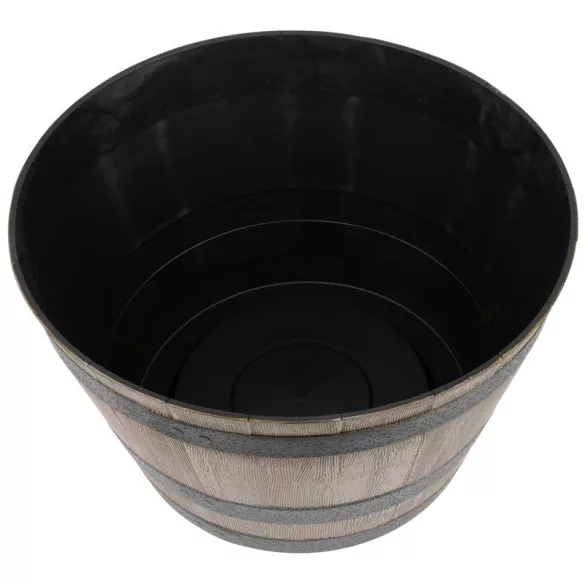 Műanyag virágcserép, Strend Pro Garden Woodeff, világosbarna, átmérő: 52 cm, magasság: 32 cm, hordó formájú, 45 l, fahatású, kerek