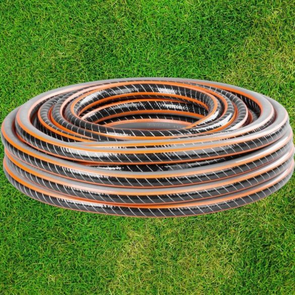 Kerti locsolótömlő, Strend Pro Garden Premium, fekete/narancssárga, 1/2", 50 m, 35 bar, algaálló belső fal, sérülésálló műanyag keverék, -5°C és +65°C között hőálló