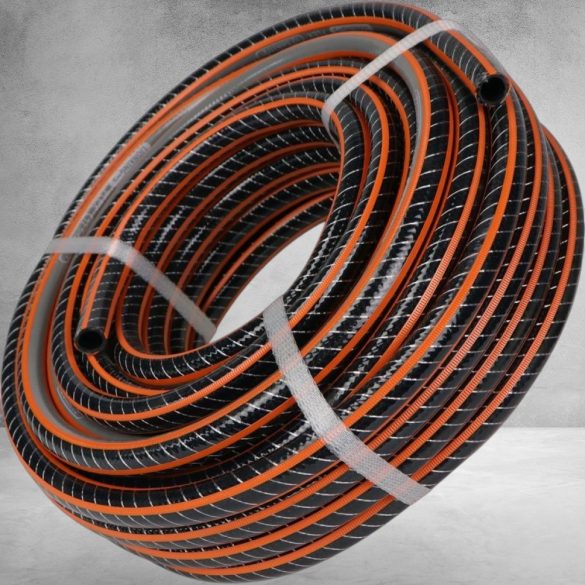 Kerti locsolótömlő, Strend Pro Garden Premium, fekete/narancssárga, 3/4", 25 m, 30 bar, algaálló belső fal, sérülésálló műanyag keverék, -5°C és +65°C között hőálló