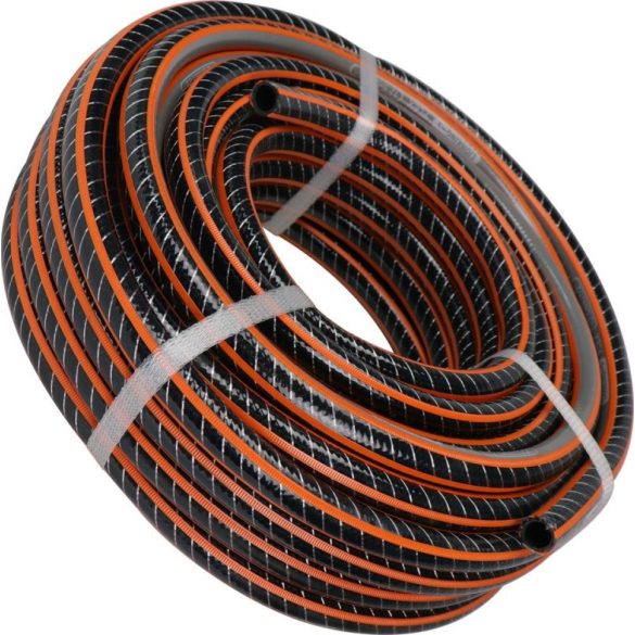 Kerti locsolótömlő, Strend Pro Garden Premium, fekete/narancssárga, 3/4", 50 m, 30 bar, algaálló belső fal, sérülésálló műanyag keverék, -5°C és +65°C között hőálló