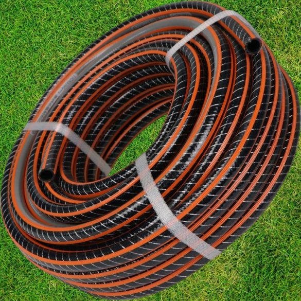 Kerti locsolótömlő, Strend Pro Garden Premium, fekete/narancssárga, 1", 25 m, 30 bar, algaálló belső fal, sérülésálló műanyag keverék, -5°C és +65°C között hőálló