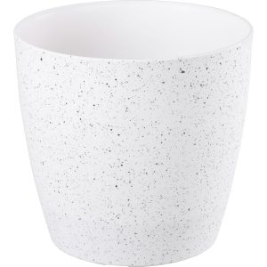 Műanyag virágcserép, Strend Pro Garden Stone, fehér, átmérő: 28 cm, magasság: 26 cm, pöttyökkel, betéttel, 11 l, kőhatású, kerek