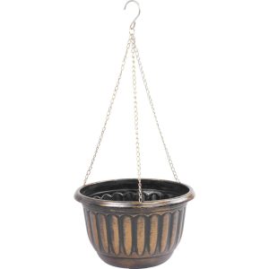 Függő virágcserép, Strend Pro Garden, arany/fekete, átmérő: 24,5 cm, magasság: 15 cm, lánccal és akasztóval, műanyag, antikolt, kerek