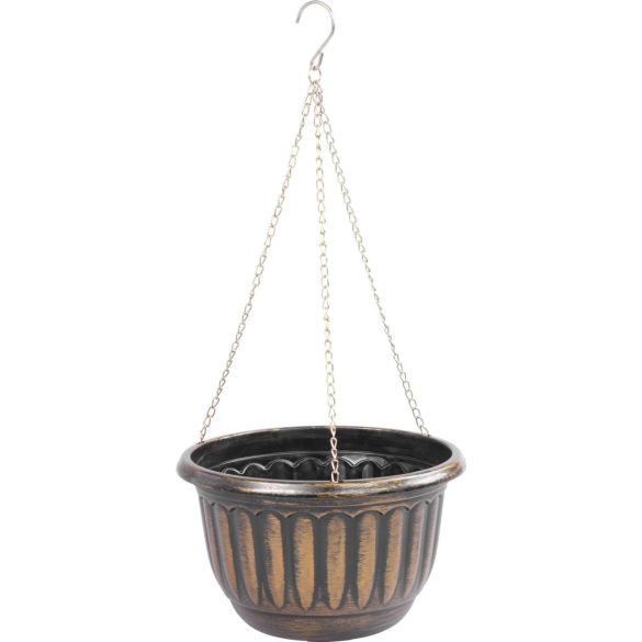 Függő virágcserép, Strend Pro Garden, arany/fekete, átmérő: 24,5 cm, magasság: 15 cm, lánccal és akasztóval, műanyag, antikolt, kerek