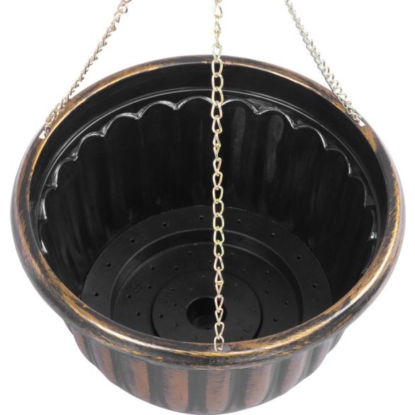 Függő virágcserép, Strend Pro Garden, arany/fekete, átmérő: 24,5 cm, magasság: 15 cm, lánccal és akasztóval, műanyag, antikolt, kerek