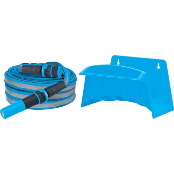 Kerti locsolótömlő, Aquacraft 870101, kék/szürke, 1/2", 10 m, 35 bar, 2 funkciós fúvókával, fali tartóval, PVC belső cső, textilborítás