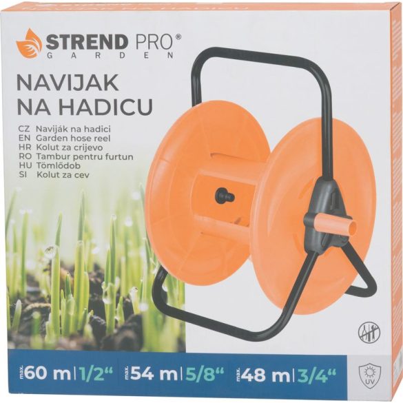 Kerti tömlődob, Strend Pro Garden BJ5223, narancssárga, maximum 60 m 1/2" kerti tömlőhöz, acél és műanyag, kézi hajtókar, tömlő nélkül