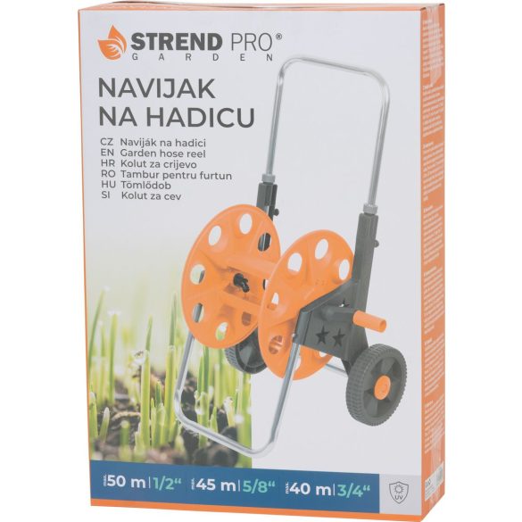 Kerti tömlőkocsi, Strend Pro Garden BJ5233A, narancssárga/fekete, maximum 50 m 1/2" kerti tömlőhöz, acél és műanyag, kézi hajtókar, kerekes, tömlő nélkül
