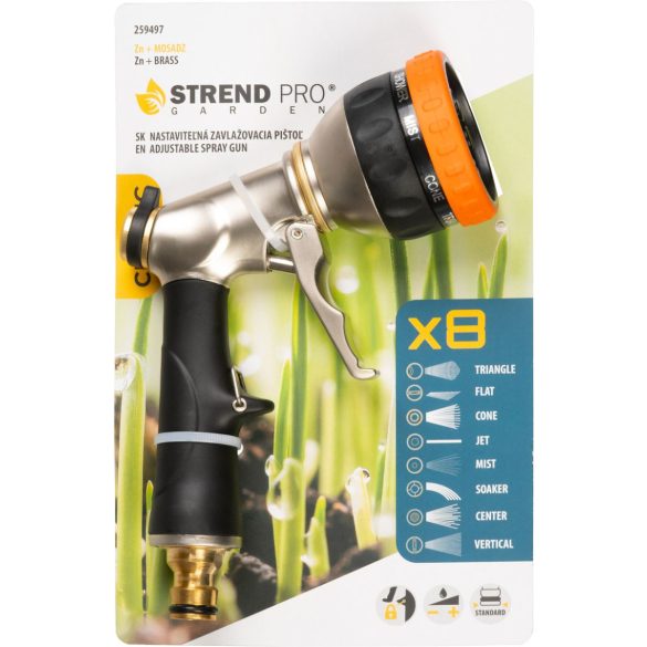 Kerti locsolópisztoly, Strend Pro Garden BJ4037T, fekete/ezüst, forgófejes, 8 funkciós, állítható vízáram, cink ötvözet