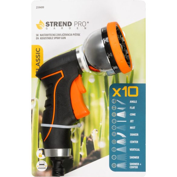 Kerti locsolópisztoly, Strend Pro Garden BJ4028T, fekete/narancssárga, forgófejes, 10 funkciós, állítható vízáram, műanyag