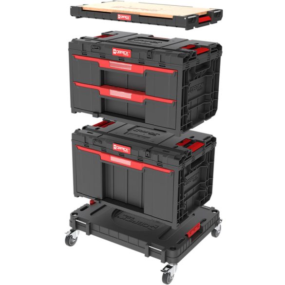 Rendszerező készlet, Qbrick Patrol One, fekete, 6 részes, moduláris, fiókos, kerekes szállítóplatformmal, műanyag, erős zárakkal