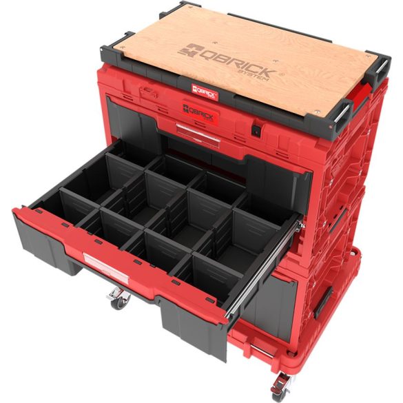 Rendszerező készlet, Qbrick Patrol One 2.0, piros, 7 részes, moduláris, fiókos, kerekes szállítóplatformmal, műanyag