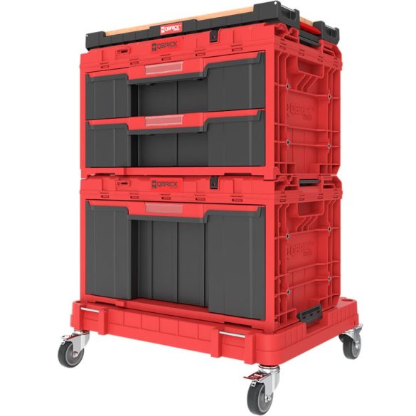 Rendszerező készlet, Qbrick Patrol One 2.0, piros, 7 részes, moduláris, fiókos, kerekes szállítóplatformmal, műanyag